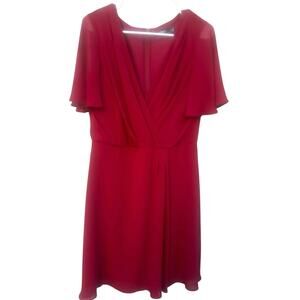 Lauren Ralph Lauren Red Dress Womens 12 Faux Wrap Flutter Sleeve Midi Fit Flare